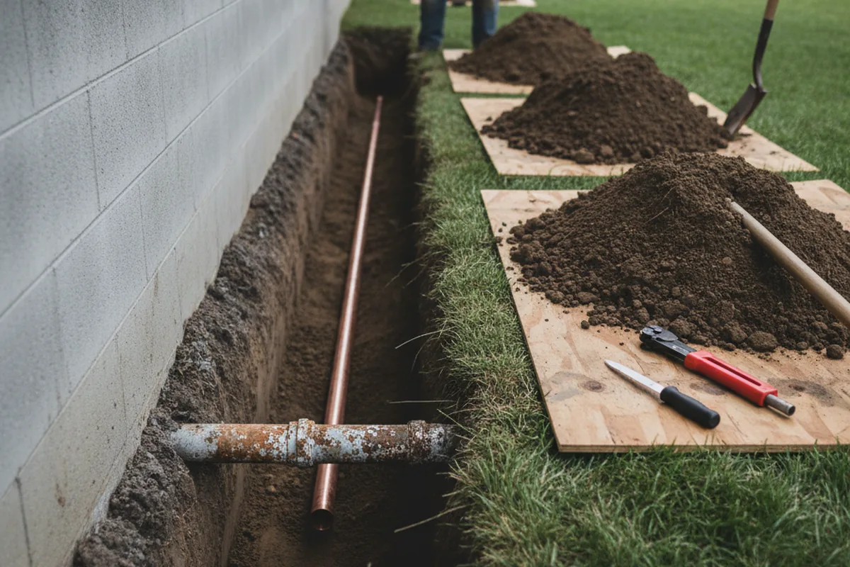Excavated water line trench during Water Softener Installation in Wellesley